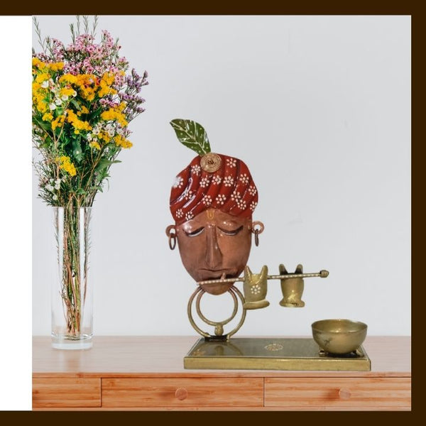 MATAL TABLE DECOR HAND I CRAFTS KRISHNA FACE T-LITE