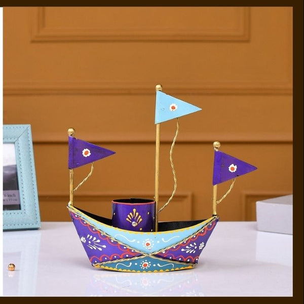 MATAL TABLE DECOR HAND I CRAFTS BLUE BOAT PEN STAND
