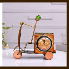 MATAL TABLE DECOR HAND I CRAFTS YELLOW SCOOTER PEN STAND WITH CLOCK