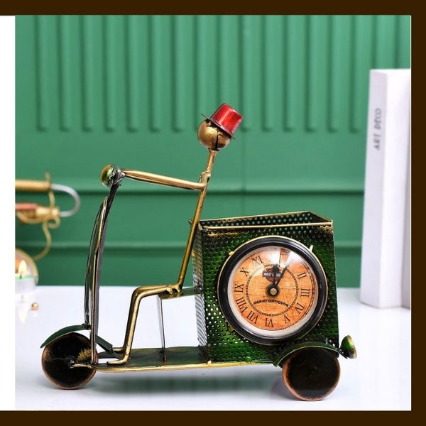 MATAL TABLE DECOR HAND I CRAFTS YELLOW SCOOTER PEN STAND WITH CLOCK