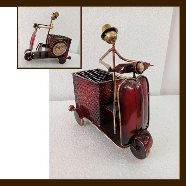 MATAL TABLE DECOR HAND I CRAFTS RED  SCOOTER  PEN STAND WITH CLOCK