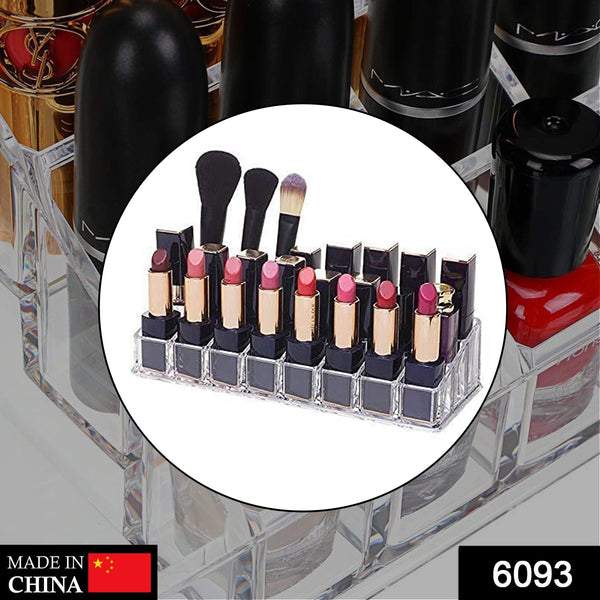 Close-up of the 24-section acrylic cosmetics stand, highlighting the AVENZO compartments