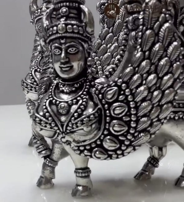 German Silver Kamadhenu Statue with Lakshmi – Antique Finish