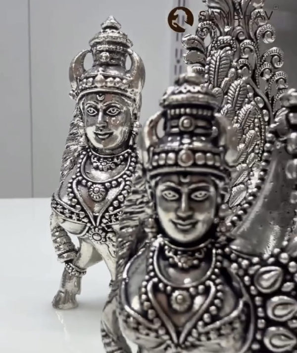 German Silver Kamadhenu Statue with Lakshmi – Antique Finish